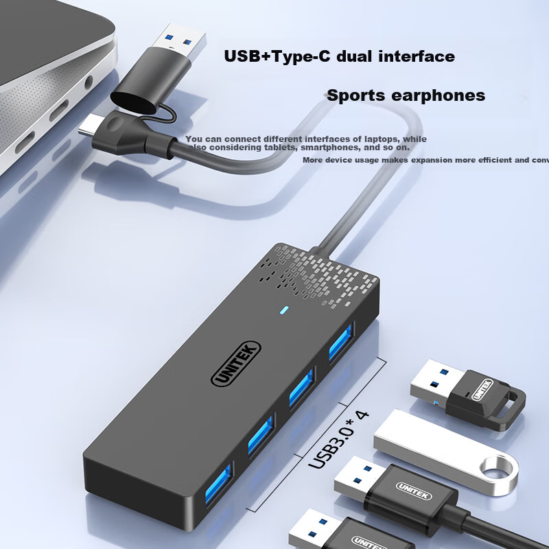 UNITEK USB 3.0 Hub Splitter with 4 Ports USB Expansion Adapter And Power Port USB/Type-C Dual-Port Connector Compatible with Laptops, Tablets And Smartphones Universal One-To Adapter