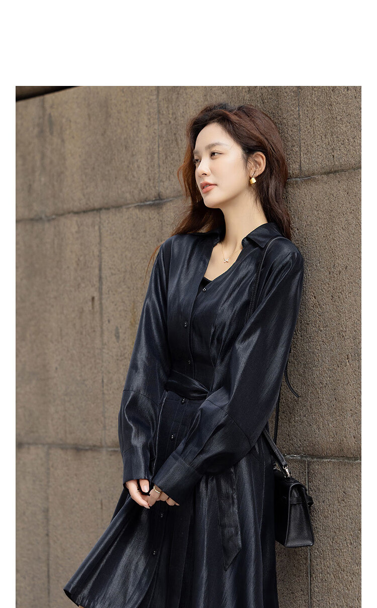 Demana Roaming Sunset Autumn Light Pearl Polo Collar Pleated Waist Long Sleeve Elegant Women's Dress 1