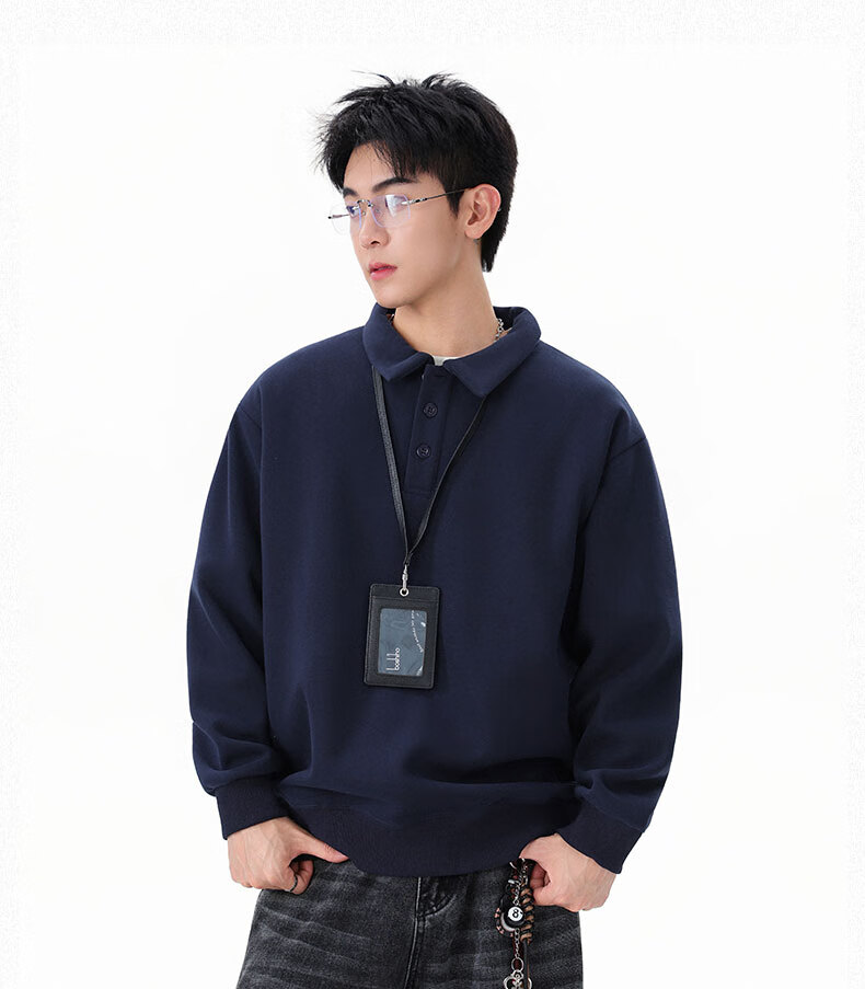 Dingfengbaoluo Heavyweight Polo Collar Sweatshirt Men Autumn Winter Trendy Casual Loose Simple Solid Color Top DQZ10 Black XL 6