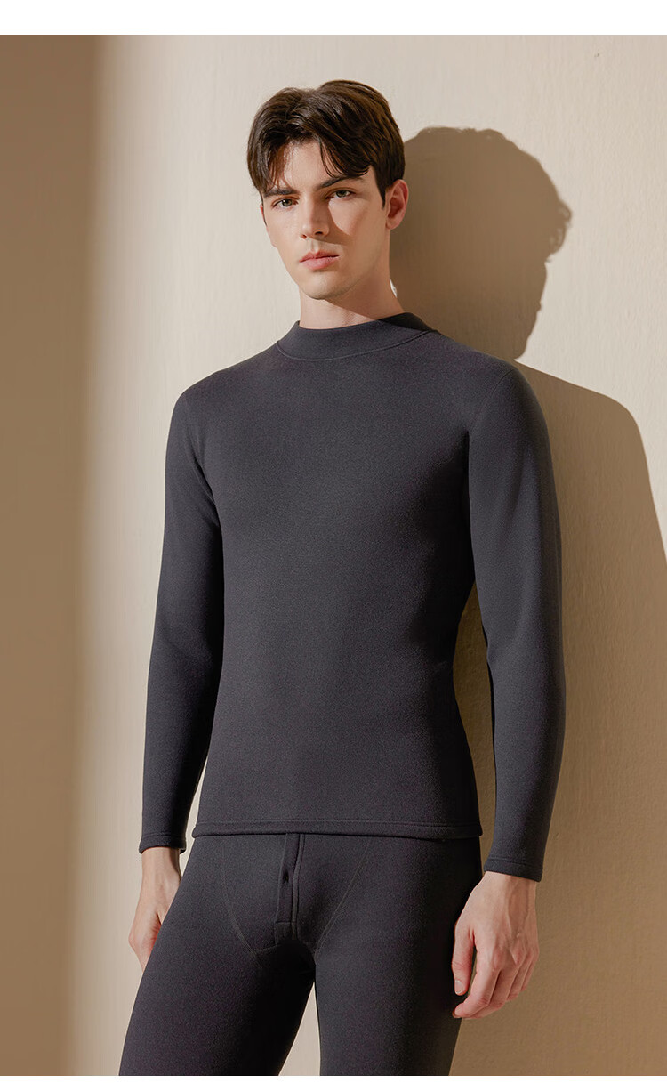 Langsha Men's Thermal Underwear Set Mid-Neck Autumn Winter Fleece Thickened Heating 10A Antibacterial Ultra-Soft Top and Bottom 5