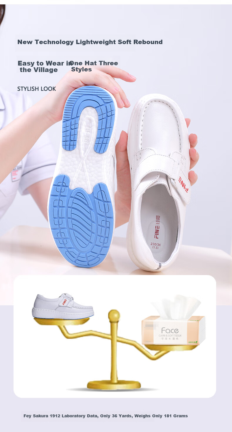Feiying Popcorn Style Nurse Shoes for Women, Top-Grain Leather, Soft Sole, Comfortable, Breathable, Medical Work Shoes, BT1957 White, Size 39 9