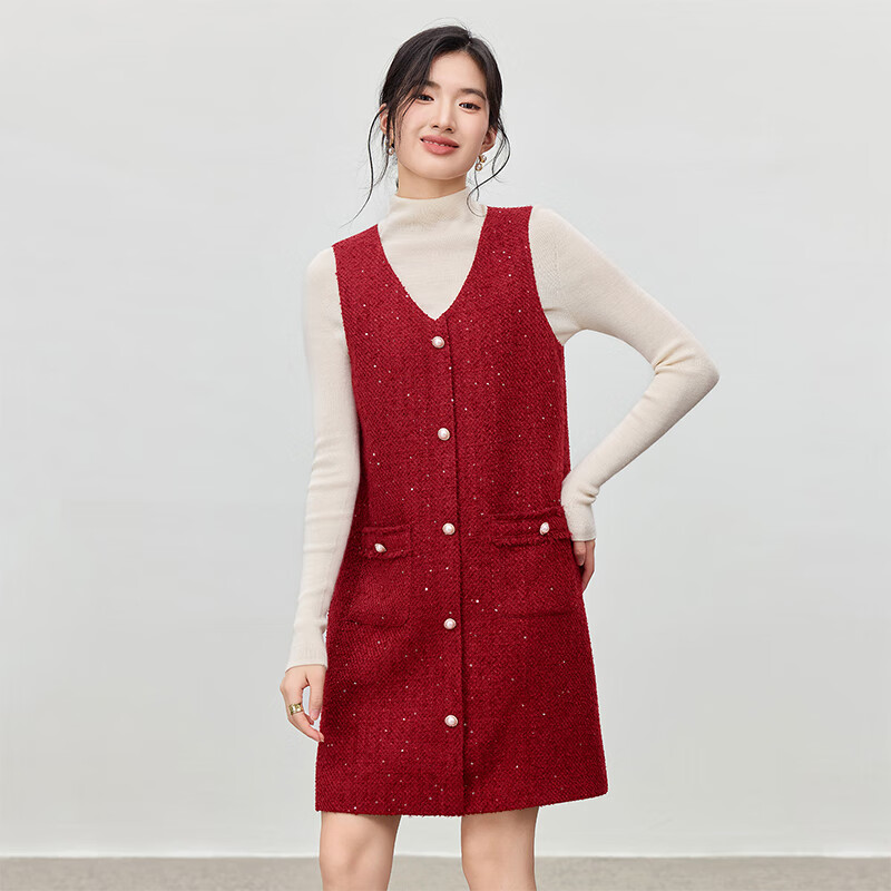 Shangdu Bila New Year Red Little Chanel Style V-Neck Sleeveless Dress Women Spring Autumn Straight Mid-Length Elegant Dress