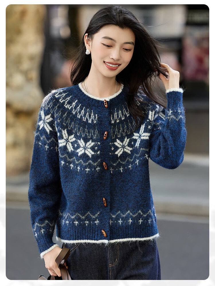 Bailuyu Vintage Colorblock Snowflake Wool Blend Cardigan Sweater Women Oatmeal S 2025 Autumn Winter New 6