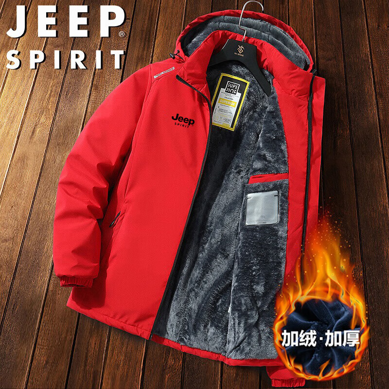 JEEP SPIRIT Men's Cotton Jacket Autumn Winter New Year Battle Robe Christmas Coat Fleece Thickened Warm Outdoor Sports Jacket Qi Ji Red