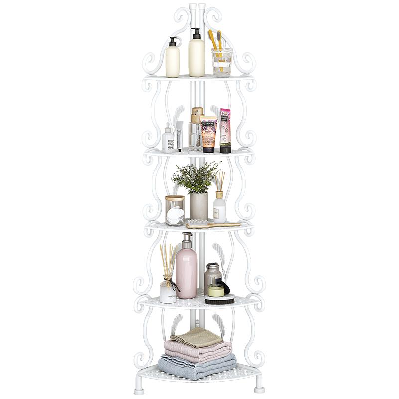 WoJia No-Installation Foldable Bathroom Floor Multi-Layer Basin Storage Rack 5-Tier White Organizer Shelf