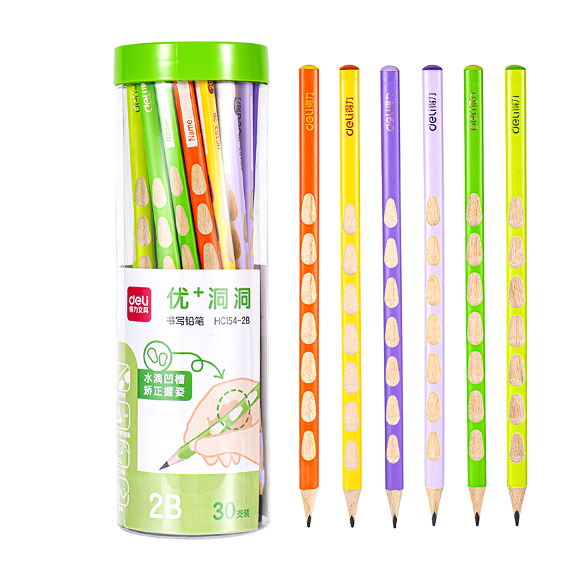 Deli 30-Pack 2B Hole Pencil Colorful Barrel Correct Grip Writing Pencil Graphite Wooden Waterdrop Groove Exam Art Student Gift Christmas Back-to-School Present