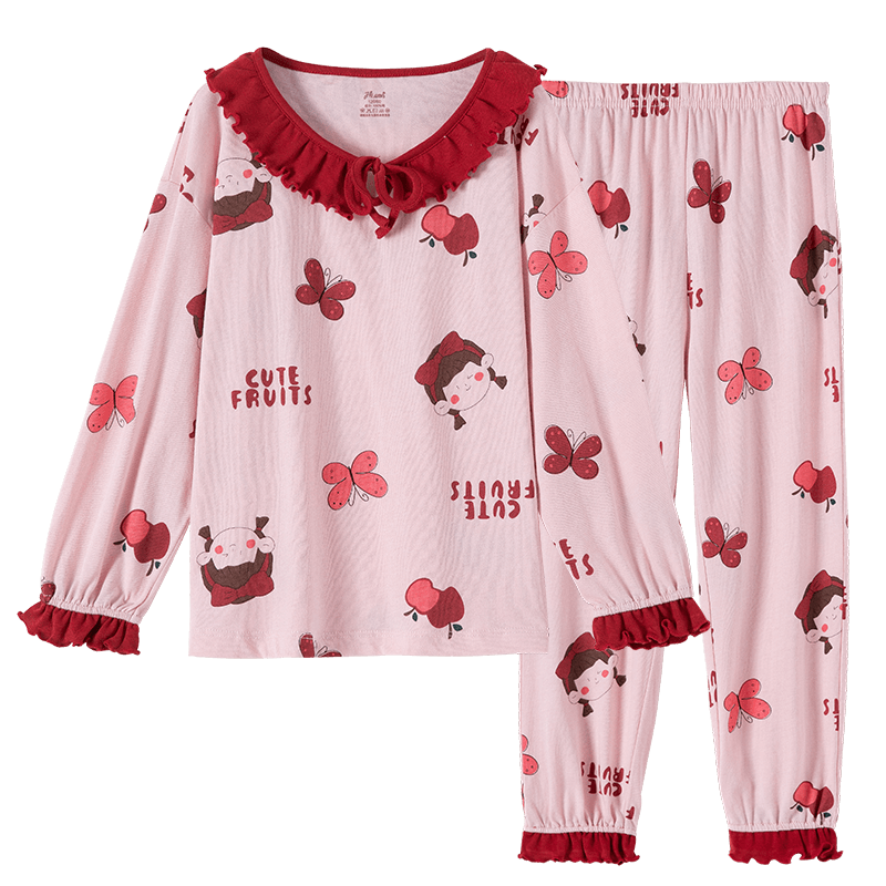 Dingguagua Children's Home Wear Set, Spring And Autumn All-Cotton Class A Girls' Long-Sleeve Long Pants Pajamas, Two-Piece Set, Pure Cotton Pink 1, 170
