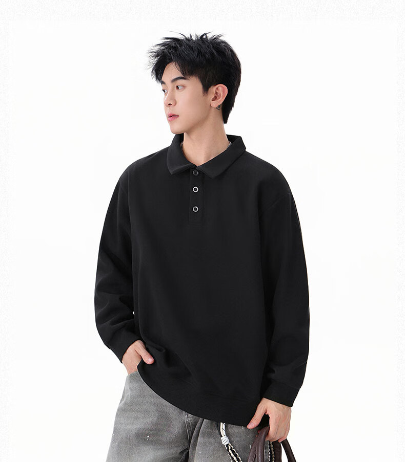 Dingfengbaoluo Heavyweight Polo Collar Sweatshirt Men Autumn Winter Trendy Casual Loose Simple Solid Color Top DQZ10 Black XL 11