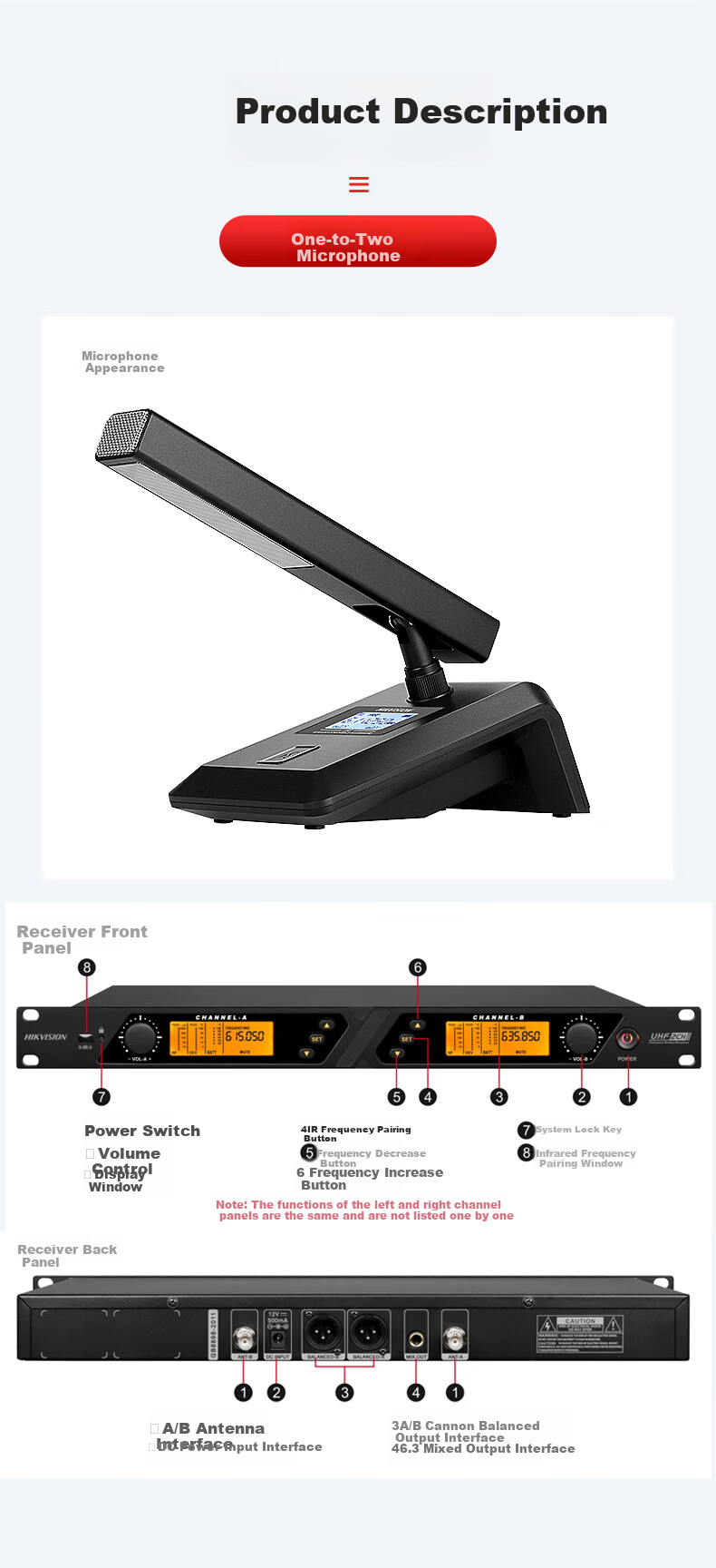 HIKVISION Conference One-To Wireless Microphone, Desktop Short-Boom Square Tube Microphone, Podium UHF High-Fidelity Anti-Interference Automatic Frequency Matching Anti-Howling Speech Training Broadcasting 10