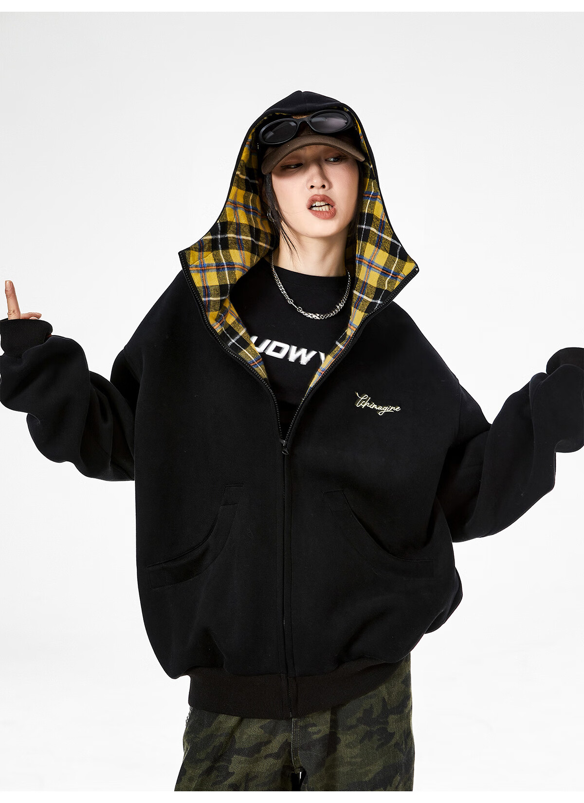ICH MODE Celebrity Style American Plaid Patchwork Cardigan Sweatshirt Autumn Jacket Sports Cardigan Top Women Heather Gray XL 42