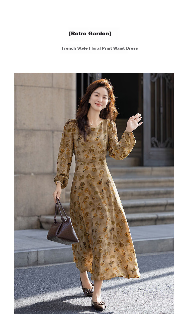 Dme [Retro Garden] Autumn French Floral Waist-Cinching X-Shaped Elegant Petite Adjustable Belt Dress for Wome 2
