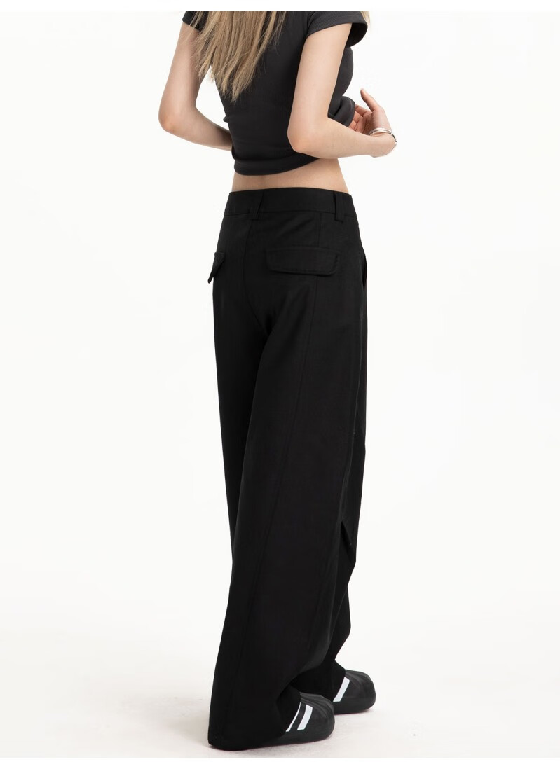 ICH MODE Women's American Style Autumn Winter Loose Straight Relaxed Curved Wide Leg Casual Pants Black L 8