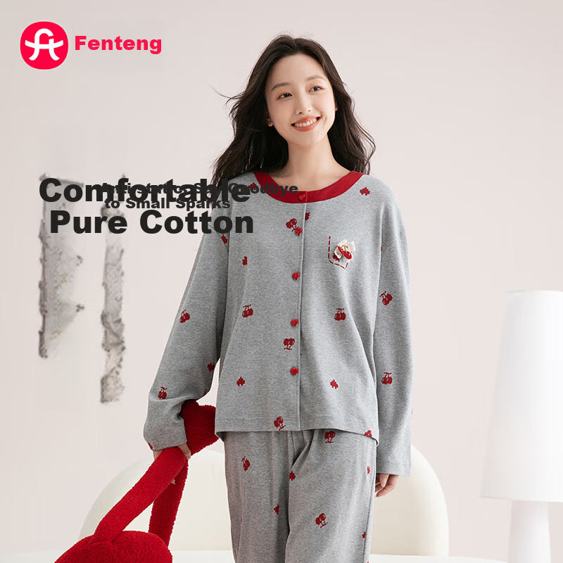 Женский домашний комплект Fenteng, 100% хлопок, антистатический, новый осенний комплект с круглым вырезом и милыми вишневыми принтами, удобная домашняя одежда