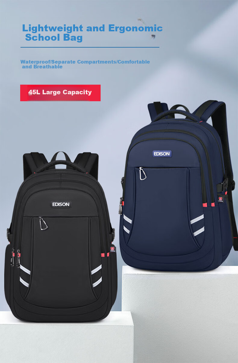 Edison High School Student Backpack with Spine Protection, Large Capacity, Water-Resistant, Reflective, Middle School Travel Backpack K056-1G Black 2