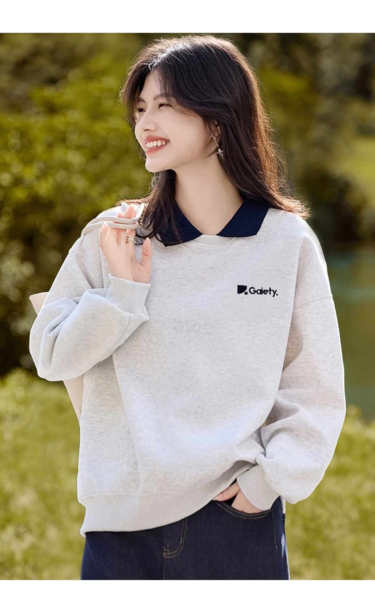 She Enjoy Fake Two-Piece Polo Collar Sweatshirt Women Color-Block Youthful Loose Casual Versatile Pullover T53W141 5