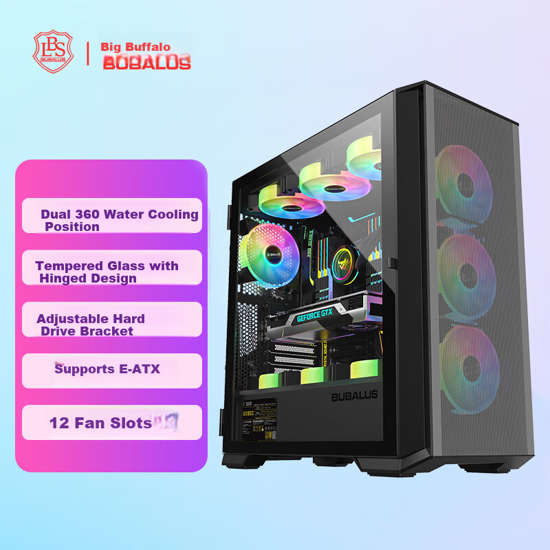BUBALUS Guardian S301 Black Computer Desktop Case (Top And Front Dual 360mm Water Cooling Positions / Supports E-ATX / Full Side Glass Panel / 12 Fan Positions)