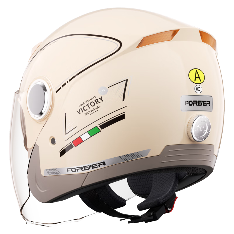 FOREVER 3C Certified Electric Vehicle Helmet, Summer Sun Protection Breathable Motorcycle Warm Safety Helmet, Adjustable Head Circumference, Unisex All-Season Universal for Electric Scooters, 3/4 Helmet with Dual Visor, 320 Khaki Color