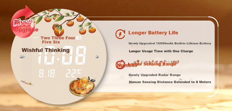 Momen Wall Clock, 30cm, LED Night Light, Electronic Clock, Chinese Style, Living Room, Voice-Controlled, Wall-Mounted Perpetual Calendar, Shishi Ruyi 1
