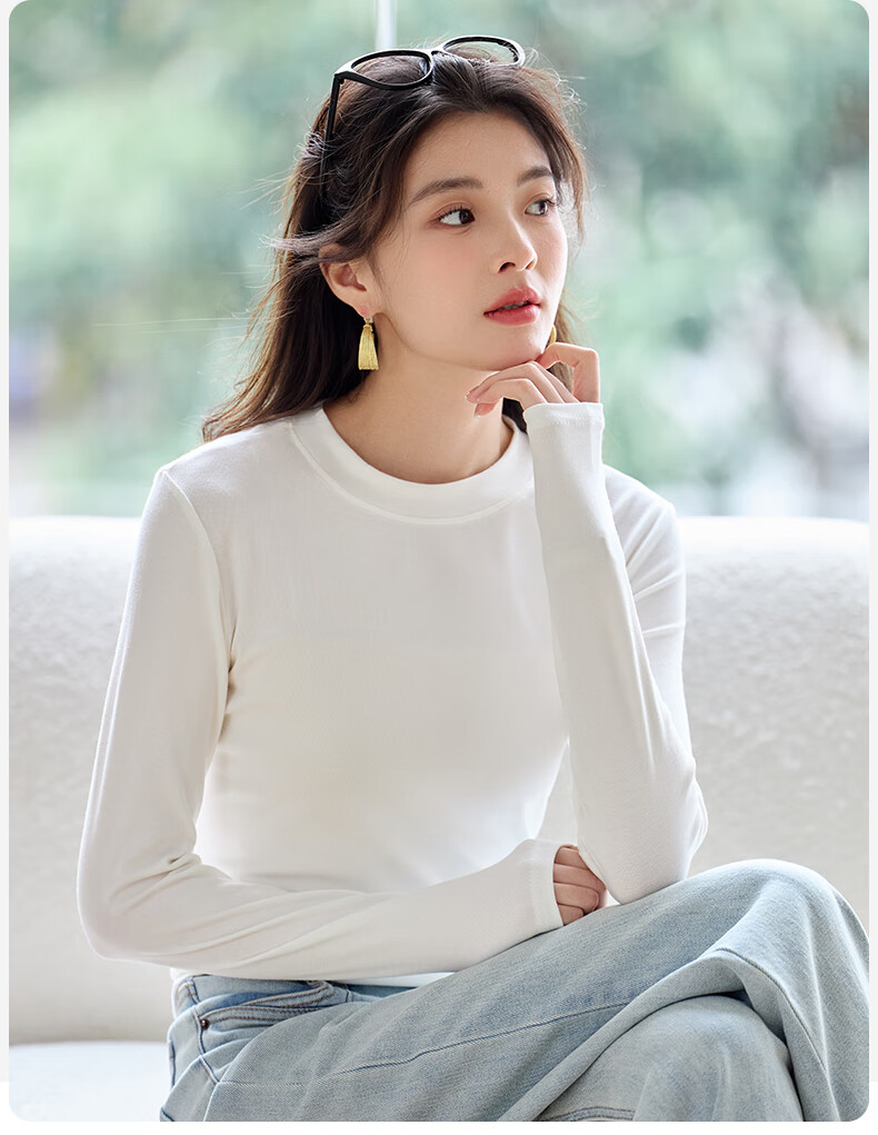 Miiow Lenzing Lyocell Crew Neck Base Layer Slim Fit Long Sleeve T-Shirt for Women 2025 Spring Autumn New White 7