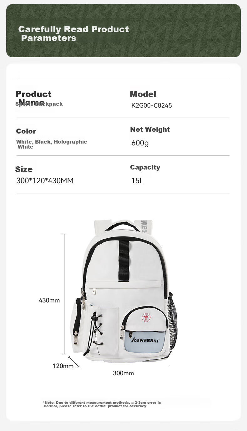 KAWASAKI Badminton Bag, Large Capacity Backpack, Professional Sports Backpack with Separate Shoe Compartment C8245 White 17