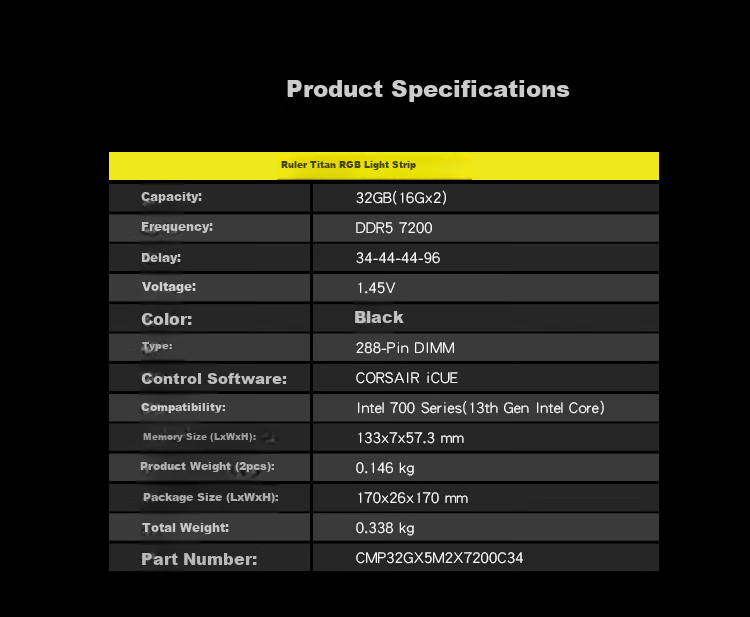 USCORSAIR , 32GB (16G X 2) Kit, DDR5 7200 Desktop Memory Module, Dominator Titan, RGB Light Bar, Black, C34 9