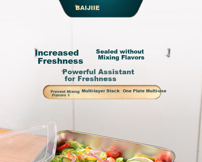 BJ 304 Extra Thick Stainless Steel Rectangular Tray, Serving Tray, Street Vending Tray, Cold Dish Tray, Barbecue Plate, Large Food Storage Container with Lid, Set of 3 1