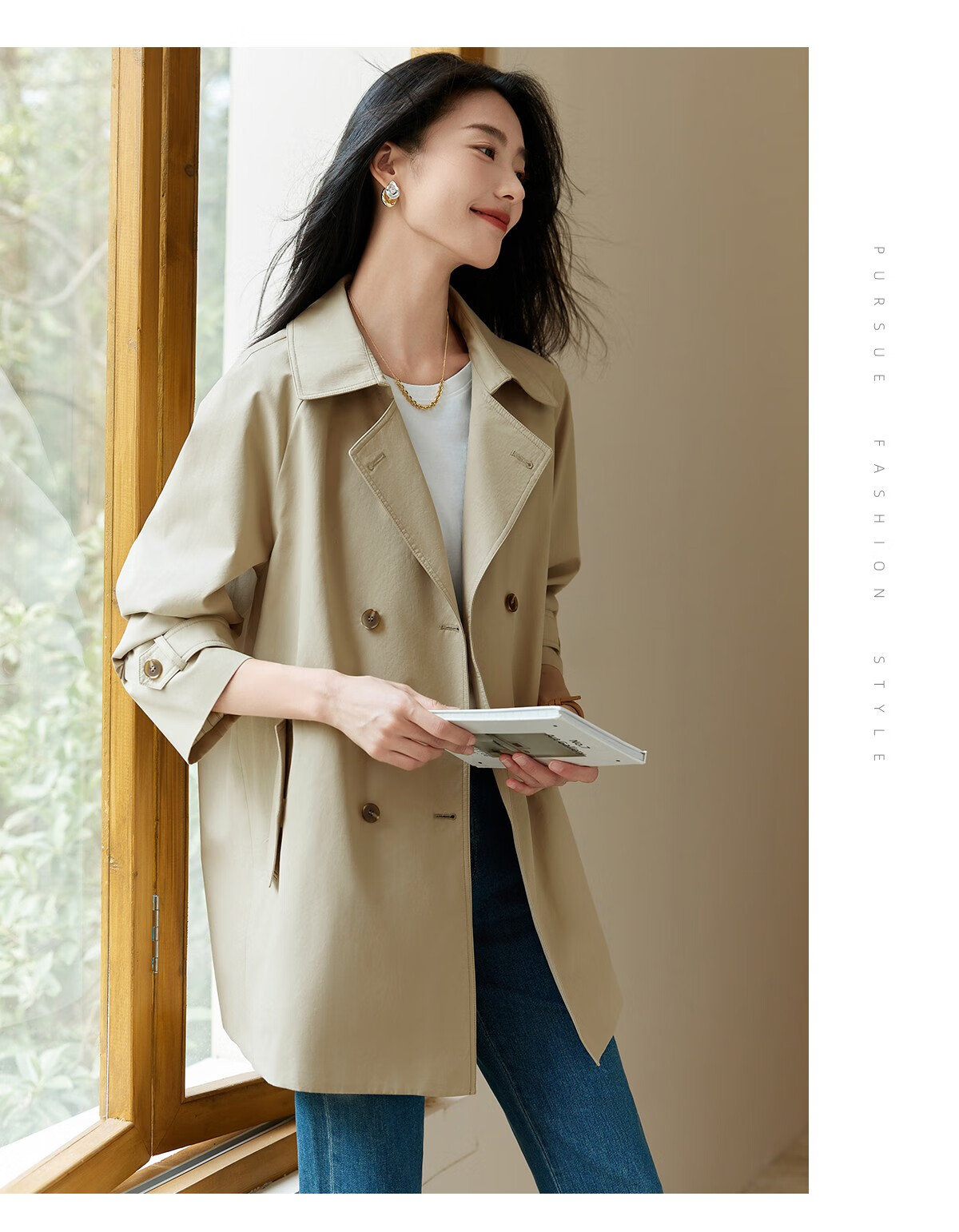 Chushen Spring And Autumn Casual Jacket for Women, Double-Breasted Windbreaker with Raglan Sleeves, British Retro Style Elegant Fashion Top S143U8002 11