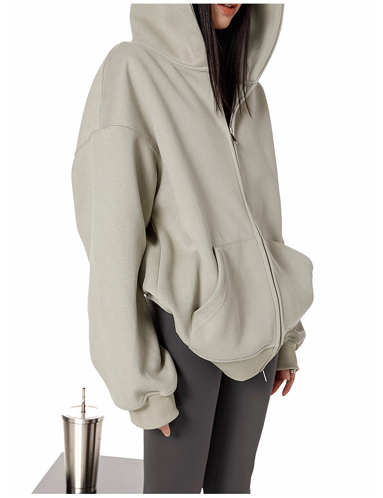 ICH MODE Fleece-Lined American Style Hoodie Jacket Women Autumn Winter Loose Fit Double Zipper Cardigan Lazy Long Sleeve Coat Black L 21