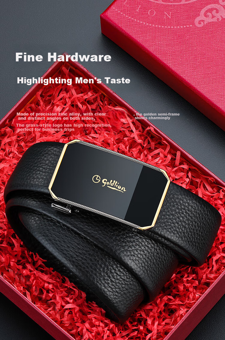 Goldlion Men's Belt, Business Casual Top-Grain Leather Automatic Buckle Inner Belt Waistband Gift Box, Birthday Gift for Gifting 5