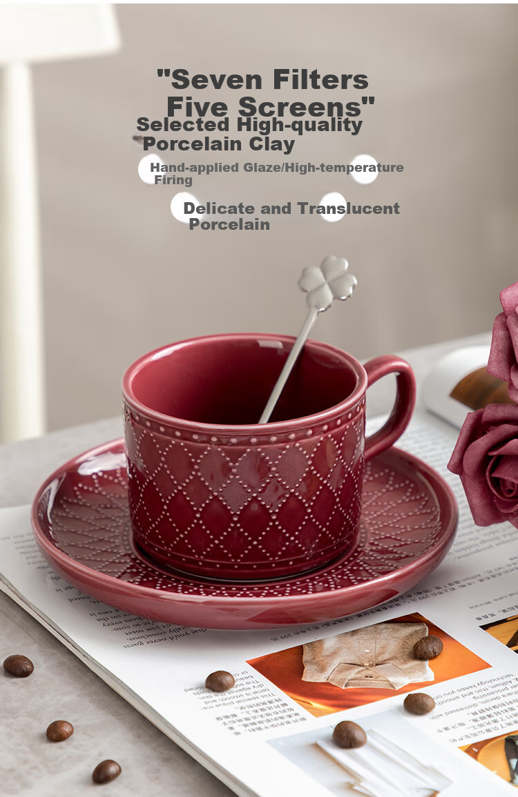 Banwushenghuo Ceramic Coffee Cup Set, High-End Latte Art Cups, Red European Vintage Coffee Cups And Saucers, Afternoon Tea Tea Set 2