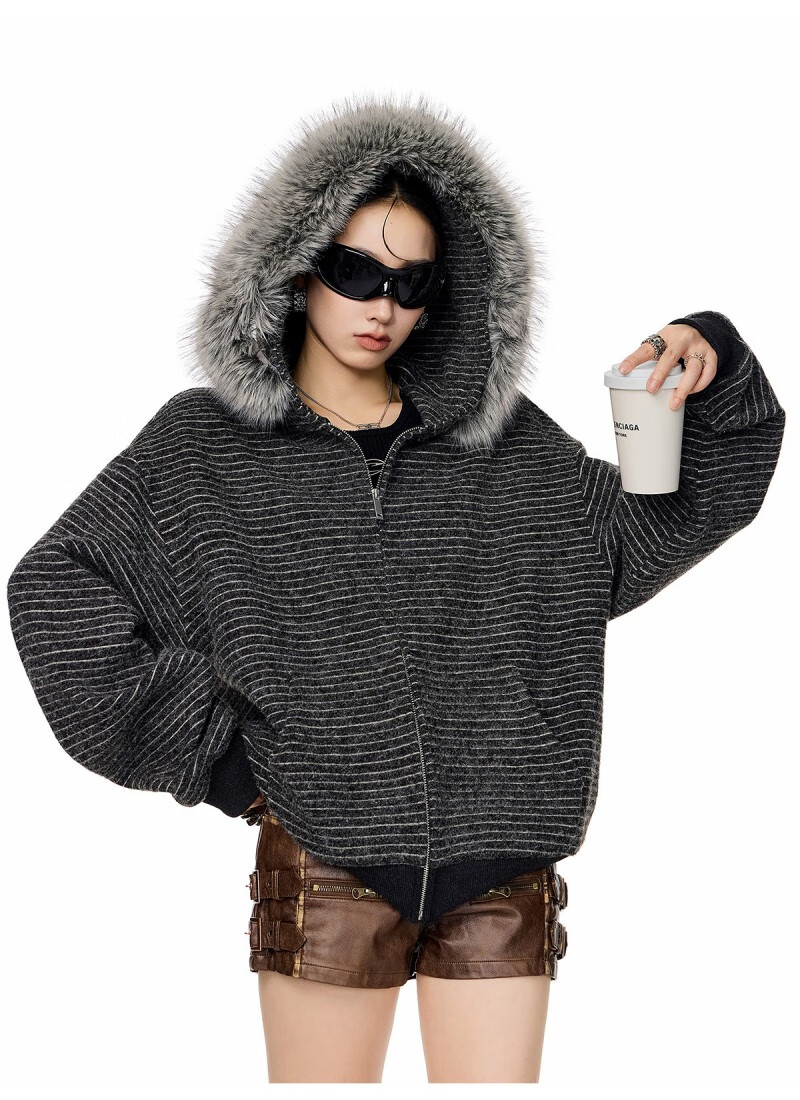 ICH MODE Women's American Style Hooded Striped Jacket with Fur Collar Autumn Winter New Zip-up Sweatshirt Cardigan Black M 14