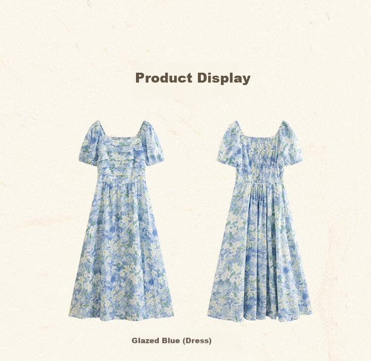Inman Vacation Style Seaside Print Dress Summer Women's Square Neck Puff Sleeve Waist Cinched Long Dress Glaze Blue M 20