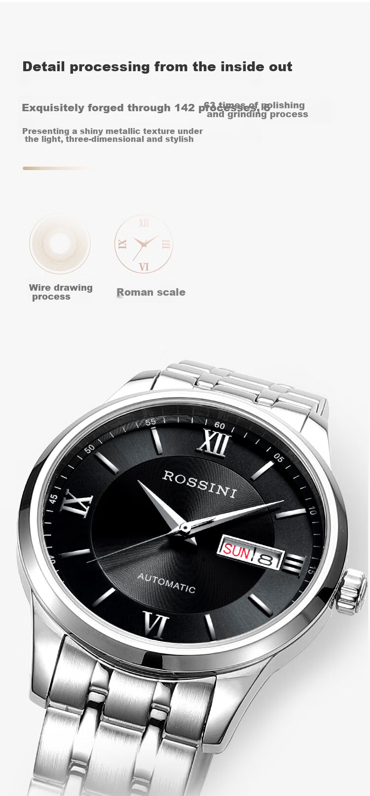 ROSSINI Men's Mechanical Watch, Birthday Gift, Business Casual Style with Black Dial And Steel Strap, Model 525701 5