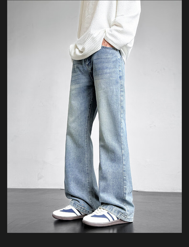 Homlean American Retro Washed Jeans, Summer Men's Fashionable Versatile Loose Straight-Leg Slightly Flared Casual Pants, SS99 Vintage Blue M 4