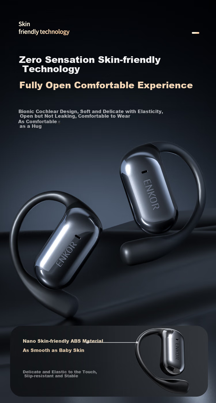 ENKOR EW29 Open-Style Bluetooth Headphones with Bone Conduction Concept, Ear-Hook Design, True Wireless, Non-In, for Sports, Running, Cycling, Gaming, Noise Reduction, Compatible with Apple, Xiaomi, Huawei 2