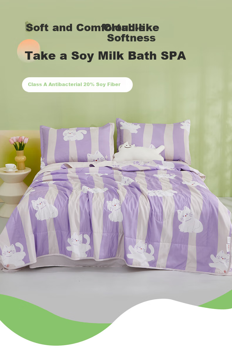 Hengyuanxiang Summer Cooling Quilt, Class A Antibacterial, 20% Soybean Fiber, Washable Air Conditioning Quilt for Summer, Lazy Cat Design, 160*210cm 1