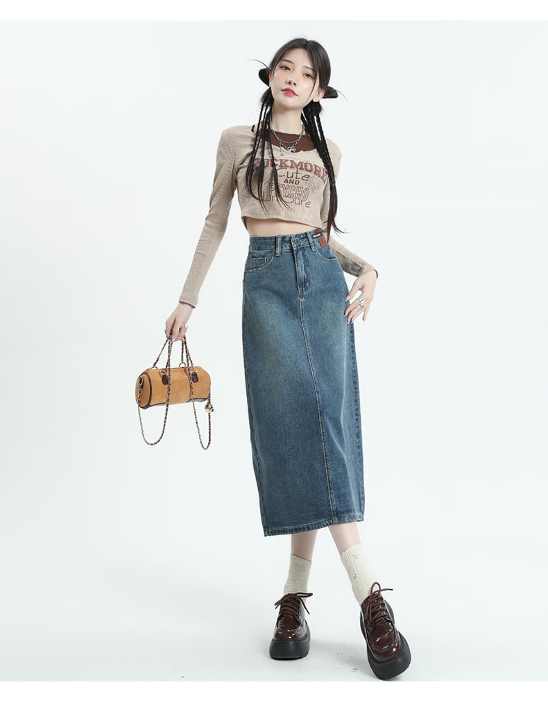 Langsha Women's Denim Skirt 2026 New High-Waist A-Line Slimming Back Slit Casual Mid-Length Pencil Skirt 17