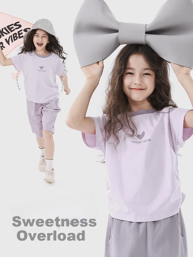 Disney Girls' Short-Sleeve T-Shirt, Summer Lightweight Children's Stylish Top, Base Layer, Fashionable Parent-Child Back 241208, Light Purple, Size 150 3