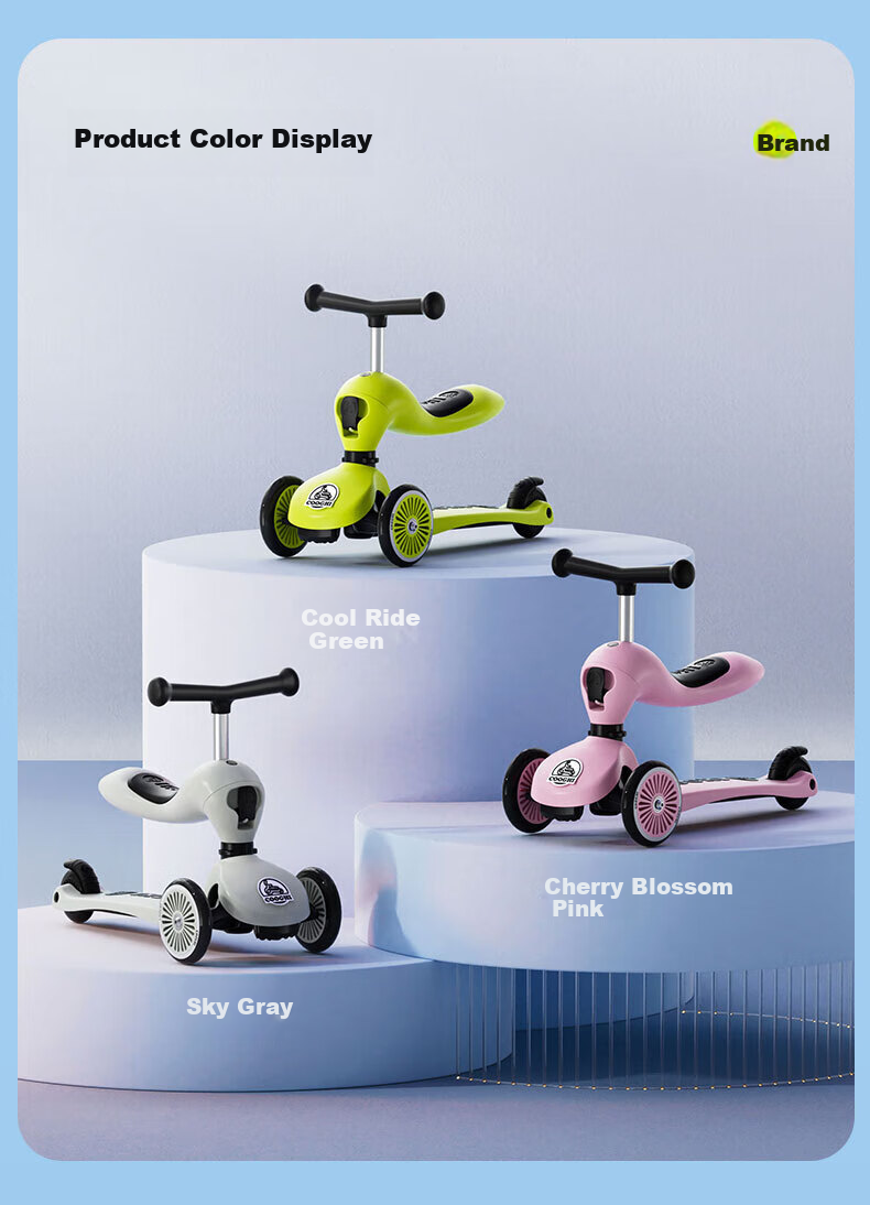 COOGHI Children's Scooter V2 Two-In Multifunctional Kids' Bike, Gravity Steering, Quiet, for Ages 1-5, Birthday Gift, Classic Gree 19