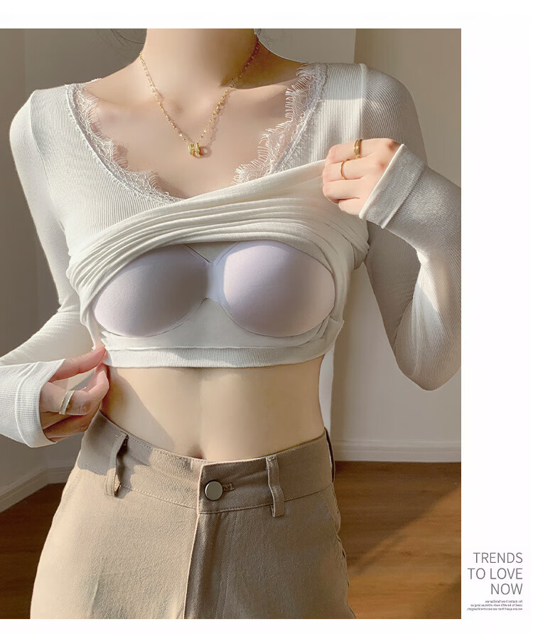 LangSha Women's Ribbed Long Sleeve T-Shirt Slim Fit Base Layer Bra-Free Spring Autumn Top 15
