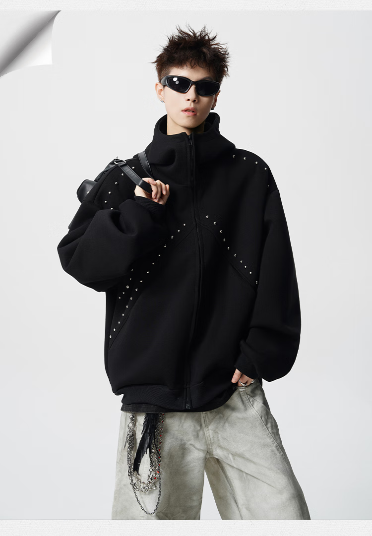 Homlean American Heavyweight Rivet Hooded Zip-Up Sweatshirt Men Autumn Trendy Loose Casual Jacket HX35 Black M 2