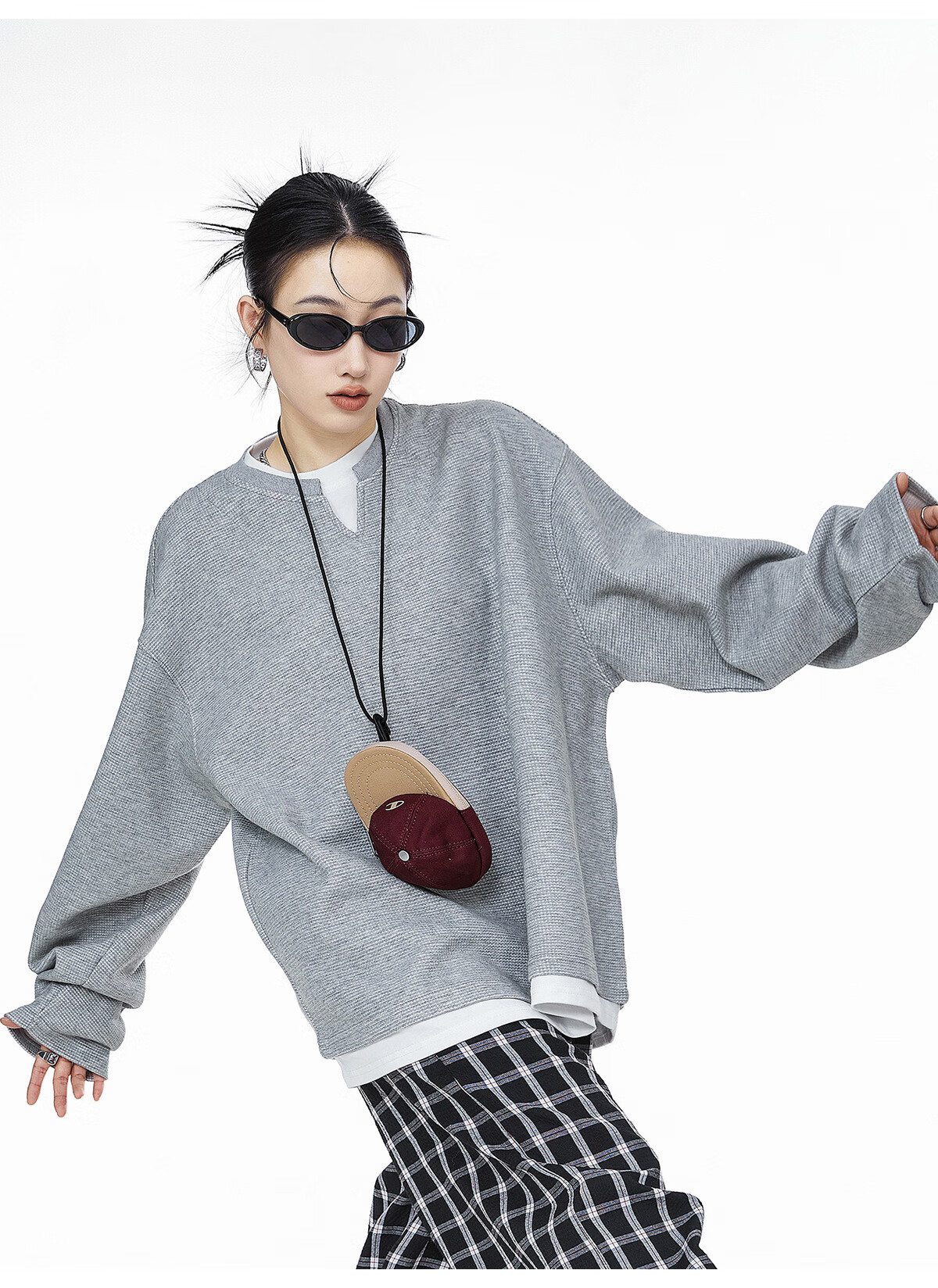 ICH MODE Women's Pullover Sweatshirt American Waffle Long Sleeve T-Shirt Autumn Winter Loose Casual Henley Neck Top Gray L 14
