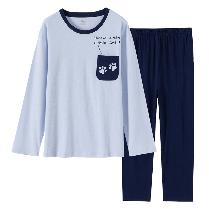 Dingguagua Spring and Autumn Pure Cotton Boys' Pajama Set Youth Large Size Thin Long Sleeve Homewear Blue 160