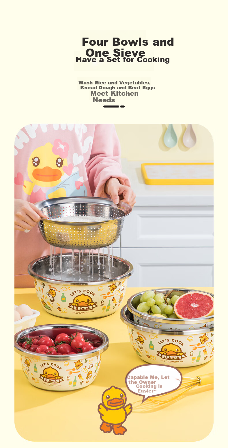 COOKER KING x Little Yellow Duck 304 Stainless Steel Bowl and Sieve 3-Piece Set Thickened Vegetable Washing, Fruit, and Dough Draining Basin 2