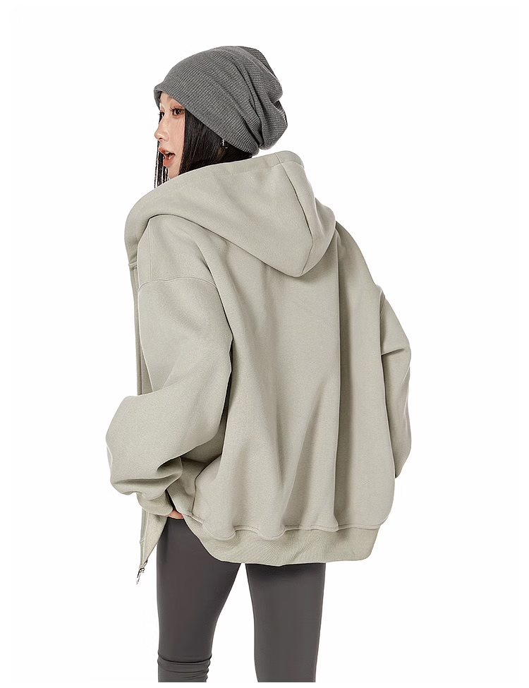 ICH MODE Fleece-Lined American Style Hoodie Jacket Women Autumn Winter Loose Fit Double Zipper Cardigan Lazy Long Sleeve Coat Black L 25