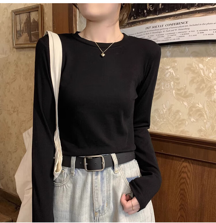 La Chapelle Women's Pure Cotton Base Shirt 2025 New Slim Fit Round Neck Long Sleeve T-Shirt Top Light Gray S 4