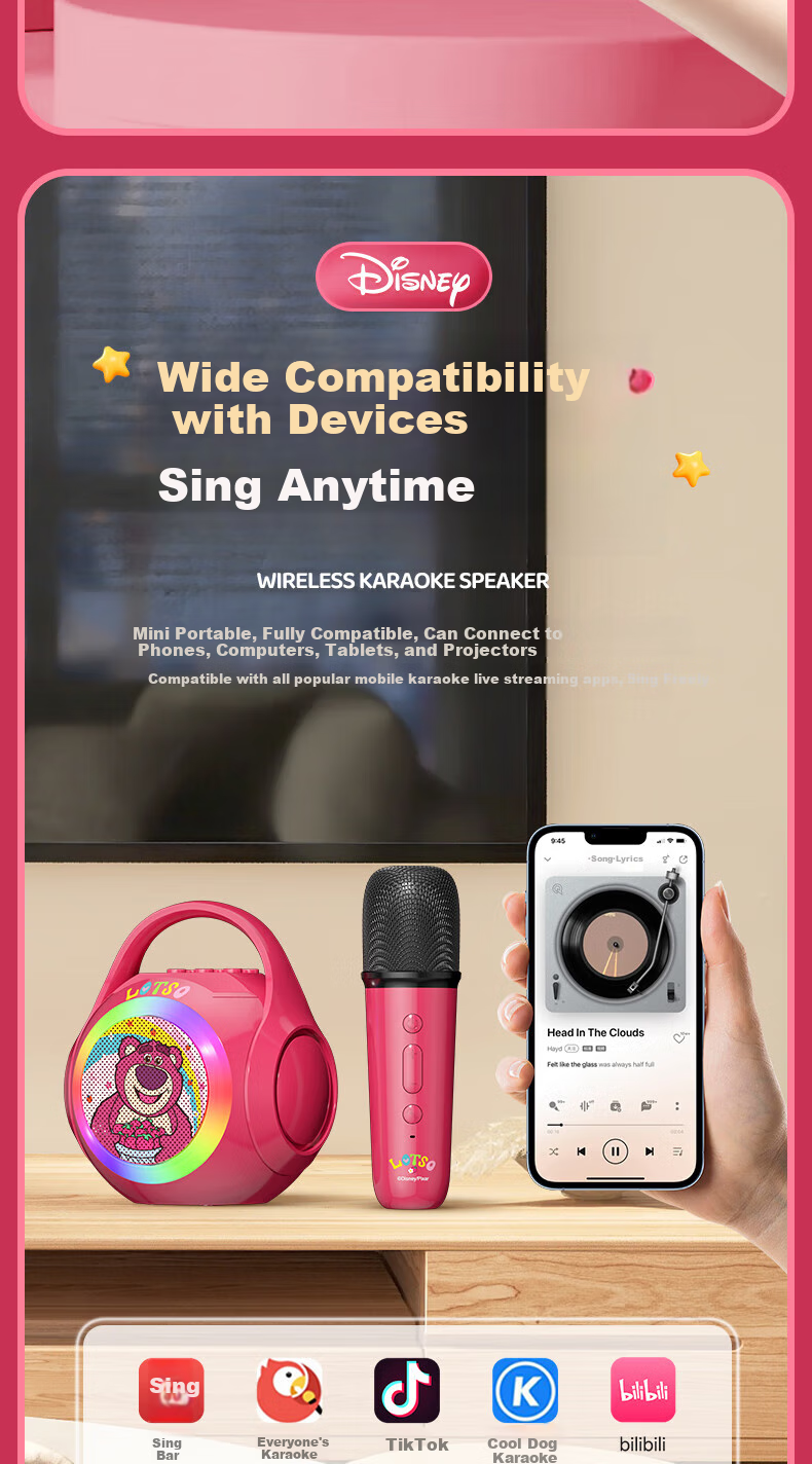 Disney Microphone Children's Toy, Birthday Gift for Girls Aged 7-14, Karaoke Mic with Bluetooth Speaker, Wireless, for Ages 8-12, 10 13