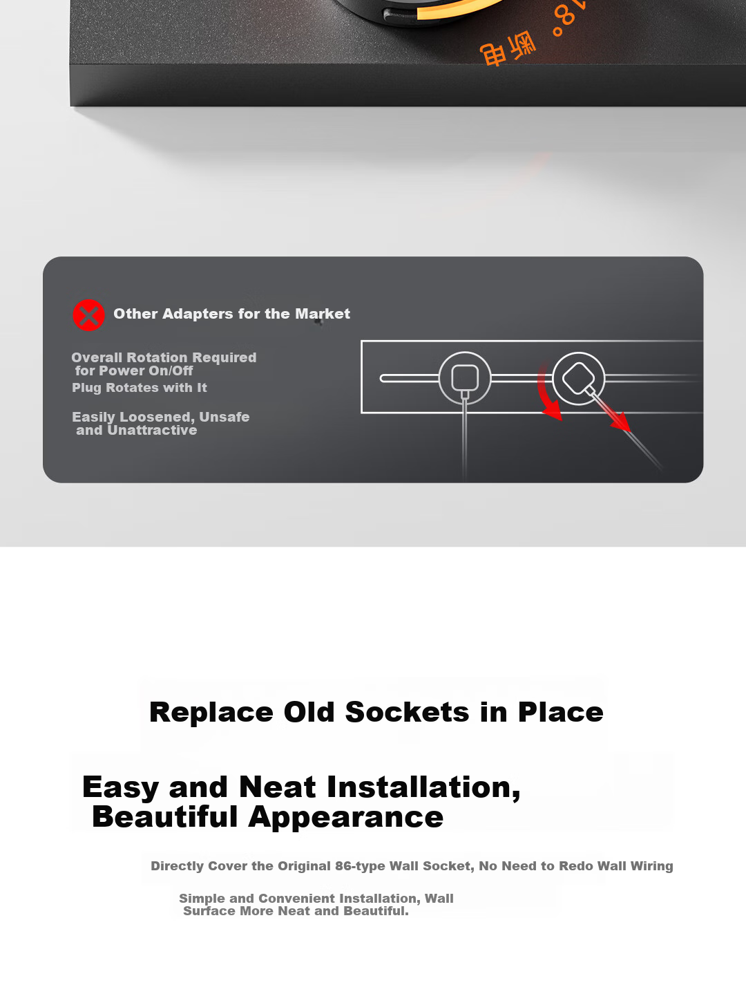 PHILIPS Surface-Mounted Track Socket Switch Panel, Wall-Mounted without Slots, Movable Sliding Rail Panel for Sideboard, Track-Type Sliding Power Strip, 42cm Track + 2 Adapters, Black 6
