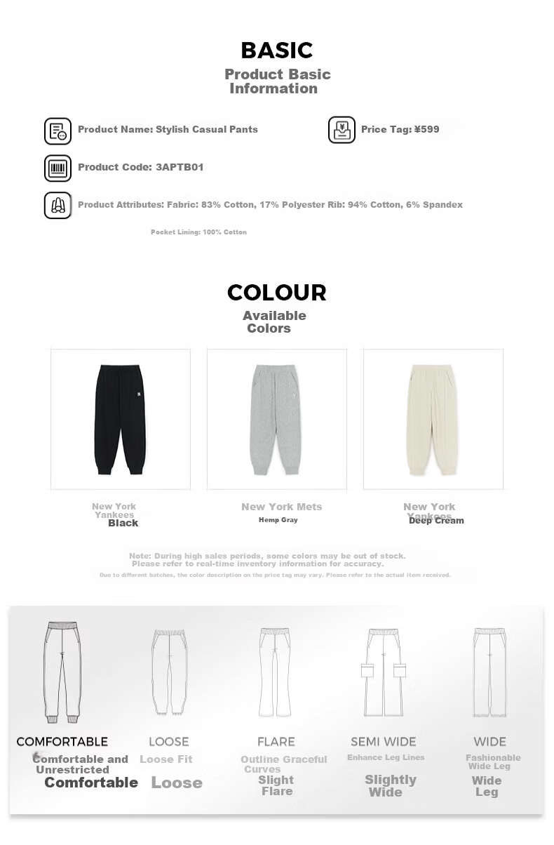 MLB Sports Pants for Men And Women with Small LOGO, Elastic Ankle Long Trousers, Wang Sulong Style, Women's Day 3APTB0154-50BKS 2