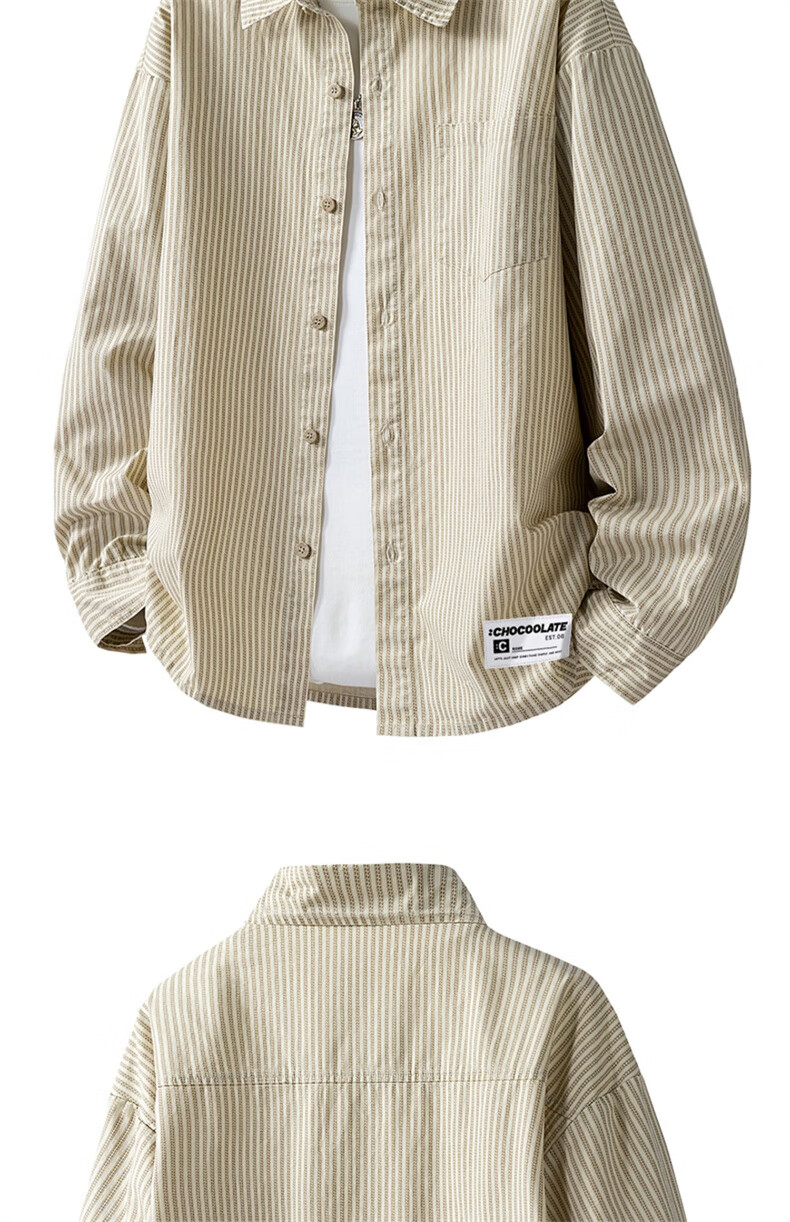 :CHOCOOLATE IT Pure Cotton Striped Long Sleeve Shirt Men Autumn New Loose Lapel Casual Jacket Shirt Beige L 4